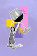 © deagreez - Vertical image collage of happy girl jump hold huge glass wine alcohol event relax party entertainment rest isolated on painted background