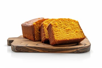 Canvas Print - Vanilla pumpkin cake sliced on wooden board side view white background