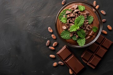 Sticker - Vegan mint chocolate mousse with chocolate bar and cocoa beans on dark background