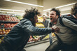 Fight in a store for products on sale of big discounts on goods, emotional screams and battle. Police, law enforcement officers, violation of the law, hooliganism