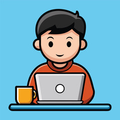 cute man working on laptop with coffee vector