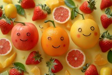 Group of colorful fruits with drawn faces dancing