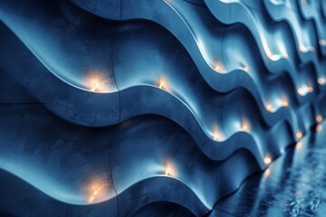 Poster - This image captures the modern metallic wall with a wavy surface illuminated by subtle orange lights, creating a warm ambience