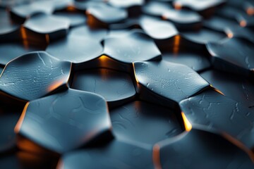 Poster - Close-up of a hexagonal black tiled pattern with a reflective quality, capturing the detail and texture of each tile