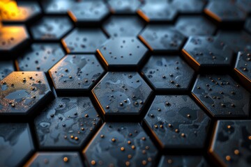 Poster - Detailed view of water droplets on a black hexagonal tile surface, highlighting each droplet and tile texture