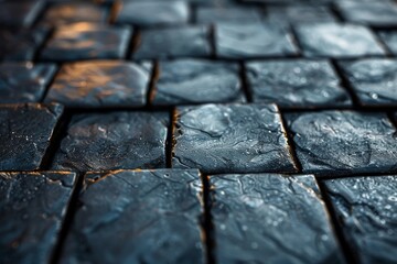 Poster - Close-up image of dark, wet cobblestone pavement, highlighting the texture and light reflections