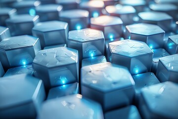 Poster - An artistic representation of a futuristic surface with glowing blue hexagonal shapes and a subtle reflection