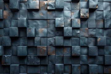 Poster - Close-up of a textured surface with aged blue matte square tiles and visible signs of wear and decay