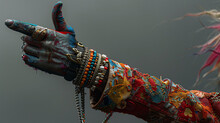 Artistic Concept Of A Hand Covered In Colorful Paint And Adorned With Various Bracelets And Rings, Pointing To The Left, With A Blurred Background.