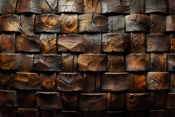 Poster - Image depicting a detailed wooden block pattern with a warm, natural forest brown color palette, showing craftsmanship and texture