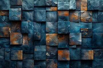 Poster - A wall tiled with geometric squares, exhibiting a rich contrast between blue hues and copper tones for a modern artistic look