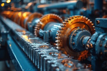 Wall Mural - A precise and sharp image showcasing high-quality gears in motion within industrial machinery, symbolizing efficiency and technology