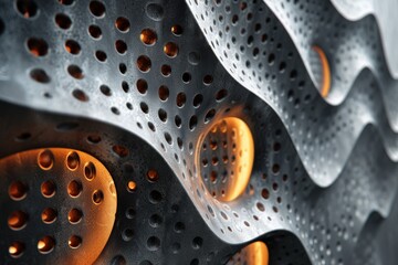 Poster - Close-up of a textured metal surface with circular patterns and warm orange tones complementing the cool greys