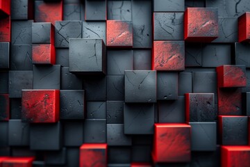 Poster - This image depicts a 3D abstract pattern with interlocking red and black cubes, conveying complexity and depth