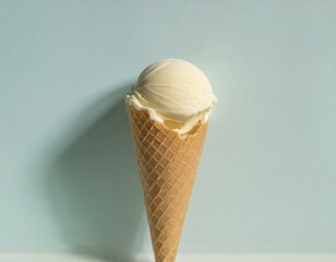 A plain ice cream cone with a single scoop of vanilla ice cream, set against a soft blue background, epitomizing the elegance in simplicity