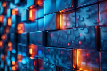 Poster - This image features glowing cubes with water drops, in an alternating blue and red pattern