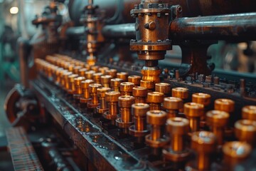 Poster - A detailed view of shiny gold-colored metal parts in precision machinery, emphasizing industrial engineering