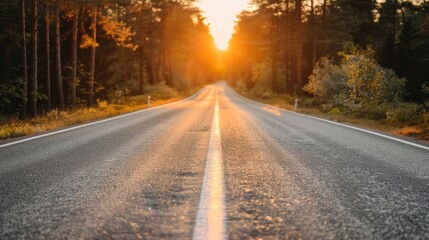 Wall Mural - A serene sunset with golden hues on a forest road, leading into the distance.