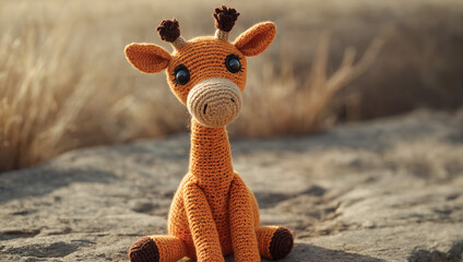 Wall Mural - Toy, crocheted baby giraffe sitting on the sand. Postcard for World Knitting Day.