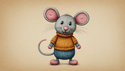Wall Mural - Drawing on retro paper, a funny mouse in a knitted sweater. Postcard.
