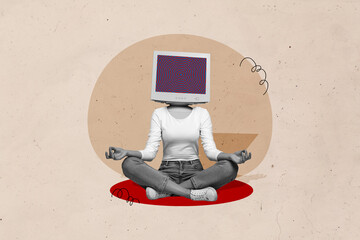 Poster - Creative collage picture young headless woman meditating computer monitor face hypnosis brainwashing zombie drawing background