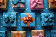 A Blue Background With Gift Boxes Of Different Sizes And Colors, Each Wrapped With Satin Ribbons Of Various Shades. Created With Ai