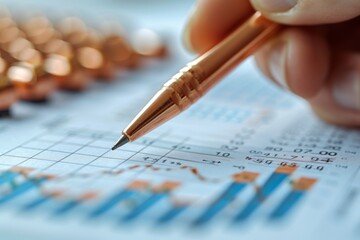 Poster - Close-up on a golden pen pointing to detailed financial charts, showcasing analysis and strategic planning in finance