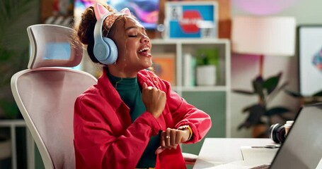Poster - Work, laptop and headphones dancing from music break in office of a graphic designer with web audio. Entrepreneur, success and celebration with internet radio streaming at a digital company desk