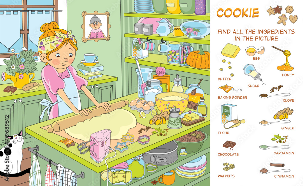 Find all the ingredients for making cookies in the picture. Hidden ...