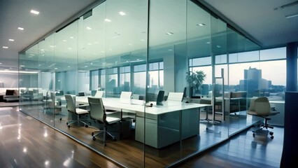 Poster - Step into a contemporary office featuring glass walls and a generously sized desk, providing an open and well-lit environment for productivity, Modern corporate office with glass walls, AI Generated