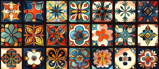 Canvas Print - A collection of vibrant tiles showcasing various flower and plantinspired designs in symmetrical patterns. The rectangles of art and petals create a window of colorful glass, each with a unique font