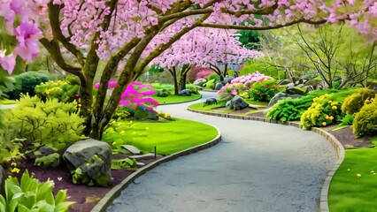 Canvas Print - A winding pathway cuts through a park filled with vibrant green vegetation, A winding pathway through a tranquil Japanese garden with cherry blossoms in bloom, AI Generated