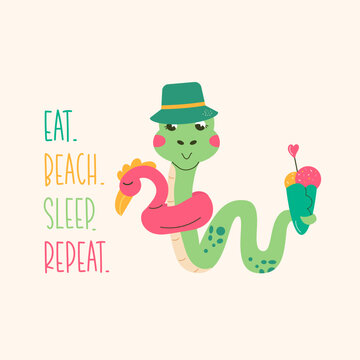 Snake character poster is lettering Eat. Beach. Sleep. Repeat.