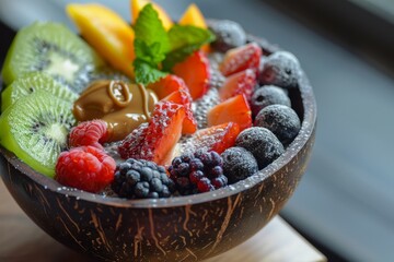 Sticker - Coconut chia pudding with fruits and nut butter in a bowl