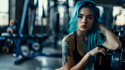 Wall Mural - Photograph of beautiful girl blue hair at the gym . Model photography