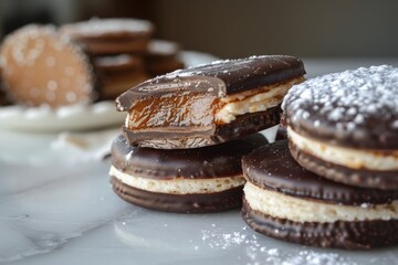 Wall Mural - Dark chocolate and caramel alfajores on a stone table