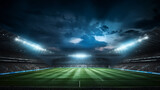 Fototapeta Londyn - Stade de foot, grand spot de lumière, gazon, pelouse. Ciel nuageux. Football, match, sport. Pour conception et création graphique. 