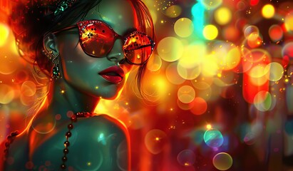 Wall Mural - Colorful bokeh portrait of a stylish young woman wearing sunglasses