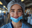 Young beautifull woman in mask in laboratory. Doctor woman in mask in hospital, surgeon woman young baeautifull. nurse, scientist in scrubs surgeon