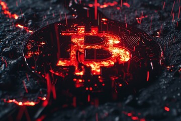 Digital Representation of Bitcoin Cryptocurrency with Glowing Red Circuitry, Symbolizing Digital Finance and Technology.