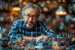 An elder person is enjoying his hobby of collecting and assembling model trains and builds