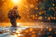A tranquil scene of a person wading in water with a fishing rod at dawn, highlighted by the shimmering light reflections