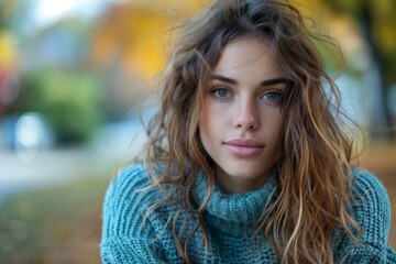 Wall Mural - Young woman with curled hair and smiling expression, outdoors with fall colors