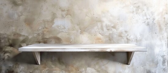 Poster - A wooden shelf made of hardwood is suspended on a concrete wall, creating a blend of natural warmth and industrial transparency in the space