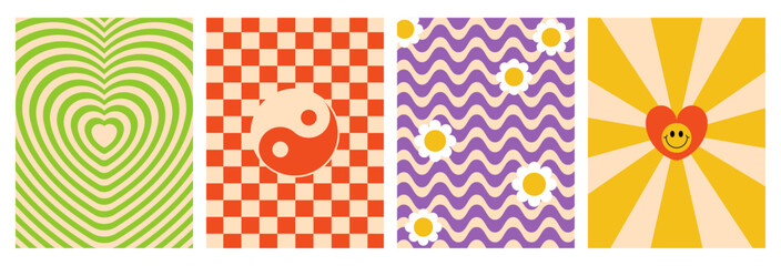 Groovy hippie checkerboard backgrounds collection with design elements, flowers in retro style. Psychedelic templates, heart tunnel, 2000s twisted poster. Vector