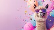 A alpaca with sparkly pink sunglasses celebrates with balloons and confetti against a lavender background, left side for copy.