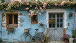 A bicycle parked beside a quaint cottage, its frame adorned with climbing vines and blooming flowers, blending seamlessly with the rustic charm of the setting.