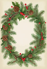 Wall Mural - christmas wreath made of holly bright colors  and pinecones vintage illustration isolated on a transparent background,  