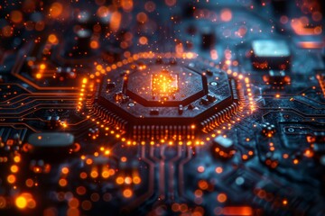 Poster - This macro shot shows the vibrant glow of a circuit board, symbolizing cutting-edge electronic engineering and data processing