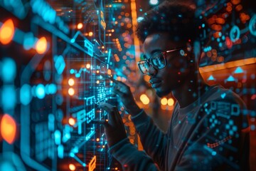 Poster - A figure is captivated by an intricate touch interface, showcasing the human interaction with advanced digital technology